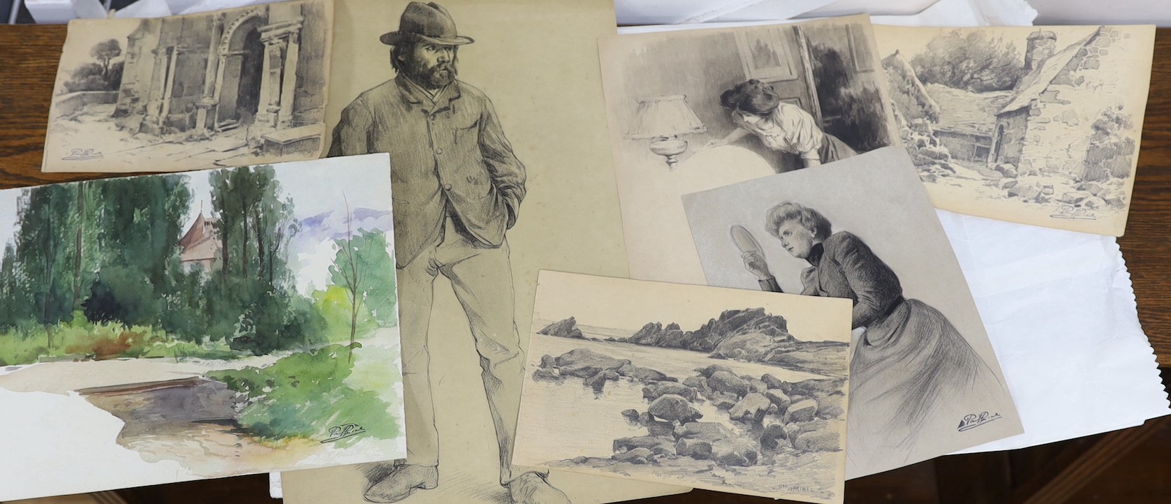 Paul Pascal (1867-1903), small group of assorted drawings and watercolours, Figure studies and landscapes, Studio stamp, largest 50 x 32cm